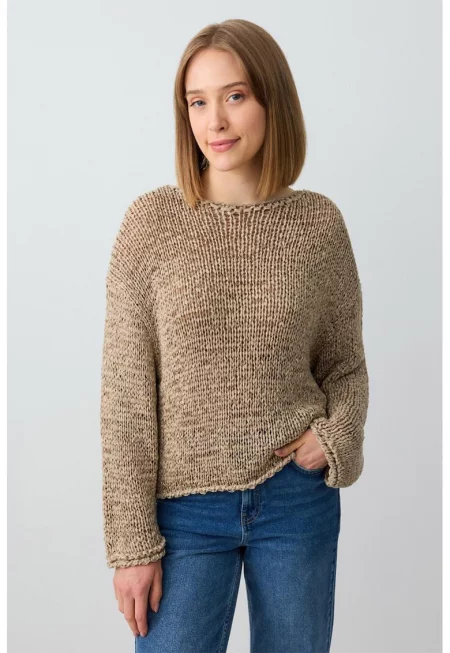 Пуловер с паднали ръкави - Бежов
