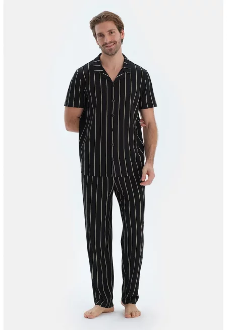 Раирана дълга пижама от памук и модал - Черен/Бледозелен