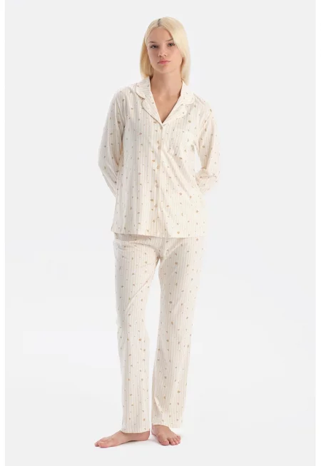 Раирана пижама с копчета - Бял/Бежов