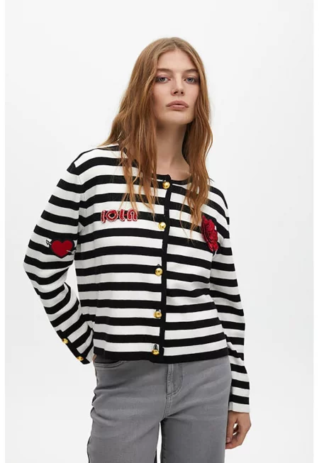 Раирана жилетка с бродерии - Червен/Бял/Черен