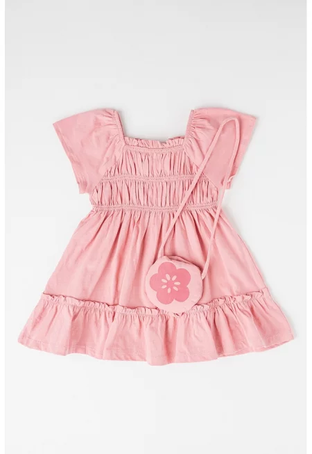 Разкроена рокля и чанта през рамо - Розово