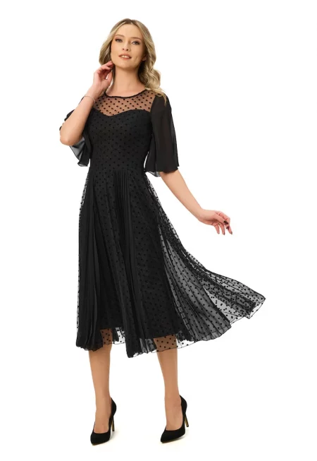 Разкроена рокля на точки - Черен