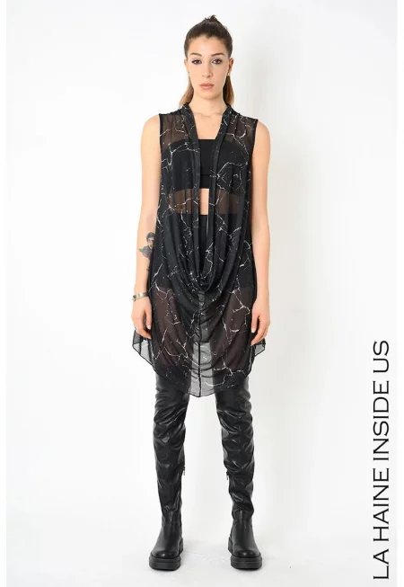 Рокля от тюл с принт - Черен