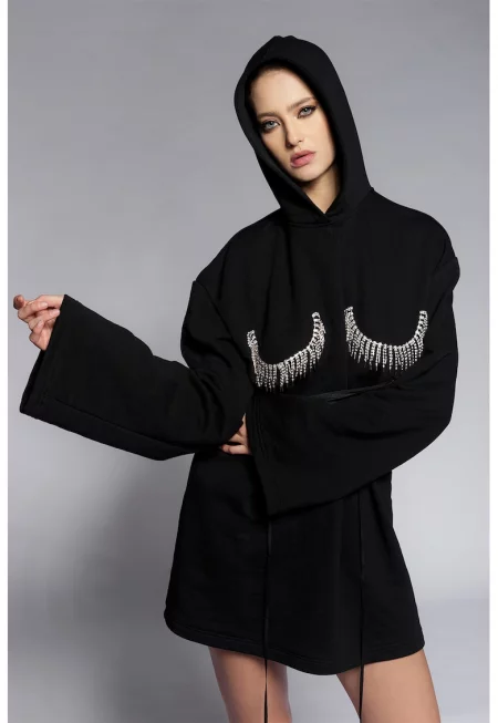 Рокля с качулка и декоративни камъни - Черен