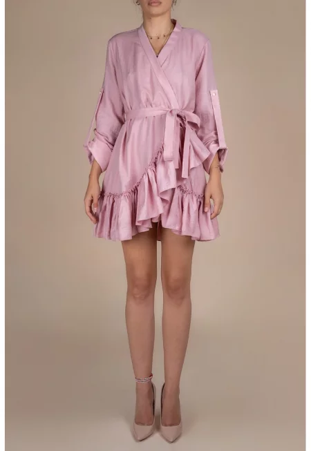 Рокля с прехвърляне - широки маншети и волан Pink