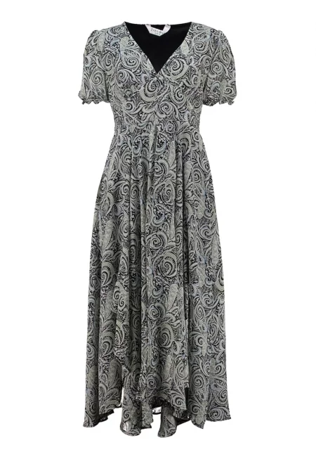 Рокля с шпиц и принт - Черен/Бледозелен