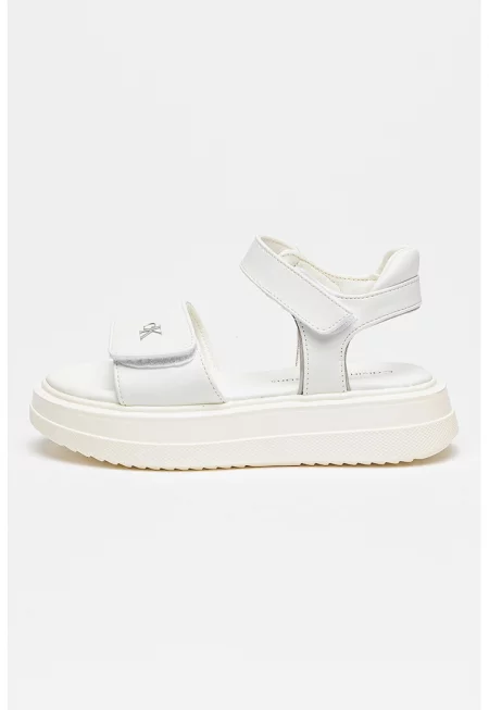 Сандали от еко кожа с платформа и велкро - Бял