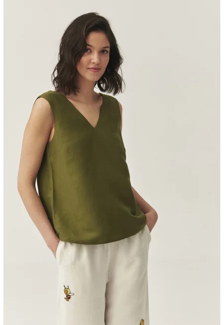 Шпиц блуза с лен - Маслинено зелено