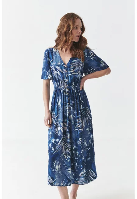 Шпиц рокля с десен - Бял/Тъмносин