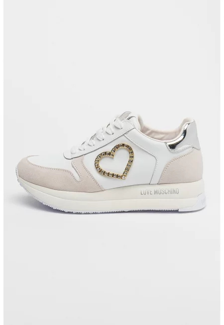 Скосени кожени маратонки - Бял/Светло бежово