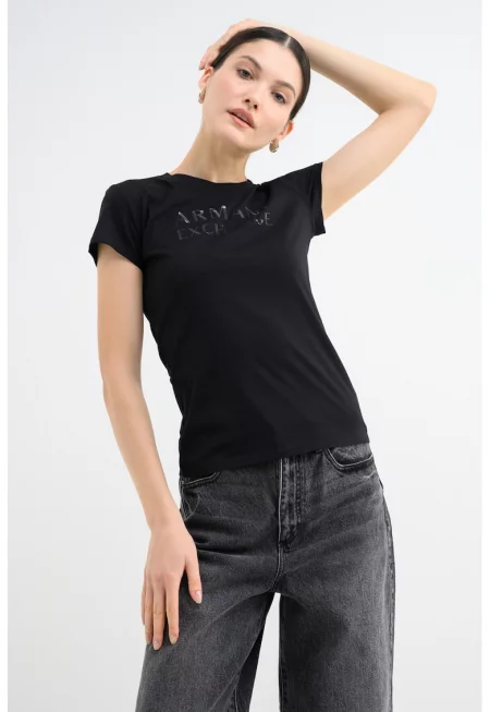 Слим тениска с овално деколте и лого - Черен