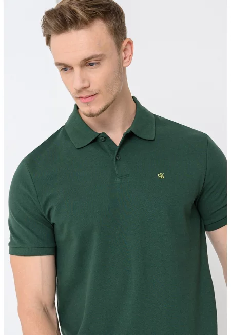 Тениска от памучно пике с яка - Тъмнозелен