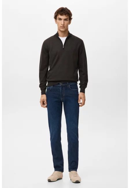 Вълнен пуловер с цип - Тъмнокафяв