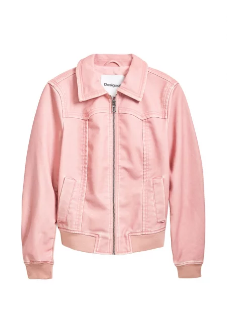 Яке от еко кожа със скосени джобове - Пастелнорозов