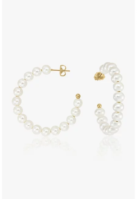 14K позлатени обеци - декорирани с перли Golden Pearl Hoops 2 микрона - Бял/Златист