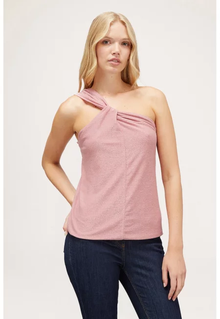 Бляскав топ с голо рамо - Прашно розово