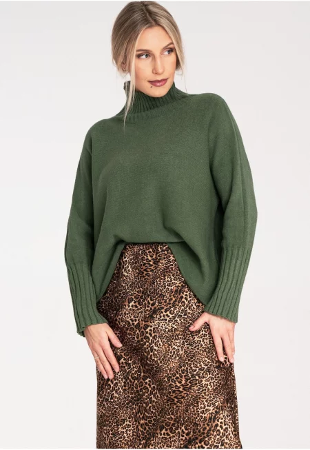 Дамски пуловер  елегантен - висока яка - зелен - деликатна материя - SM