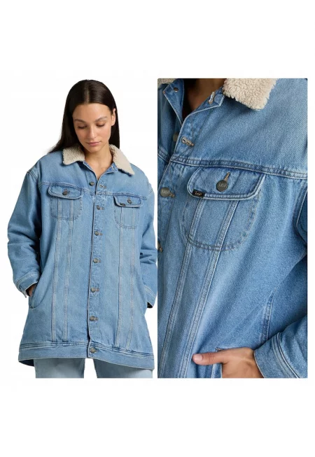 Дамско яке -  Elongated Sherpa Rider - Regular Fit - Класически дизайн - Дълги ръкави - 2 джоба - С копчета - Памук - XS INTL - Синьо