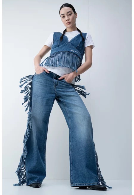 Дънки с широк крачол и пискюли - Син меланж