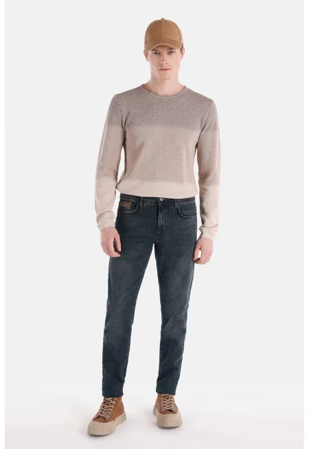 Дънки със стеснен крачол и захабен ефект - Петролно синьо