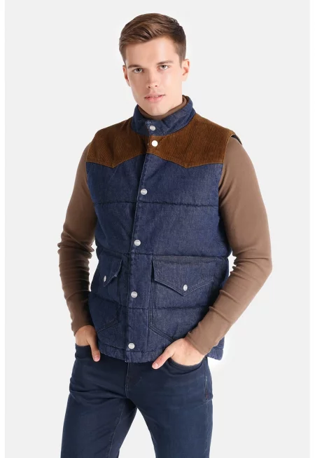 Дънков капитониран елек с джинсови детайли - Кафяв/Тъмносин