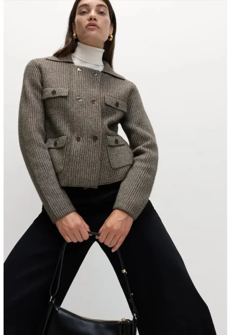 Двуредна жилетка с яка - Кафяв меланж