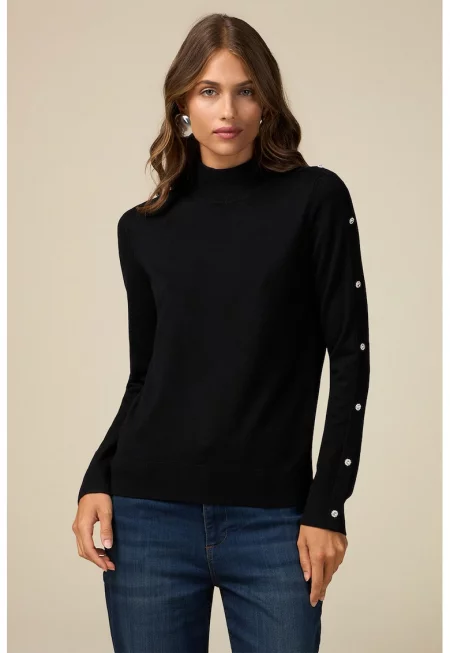 Фино плетен пуловер с декоративни копчета - Черен