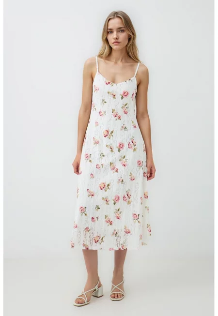 Флорална рокля - Зелен/Мръснобял/Розово