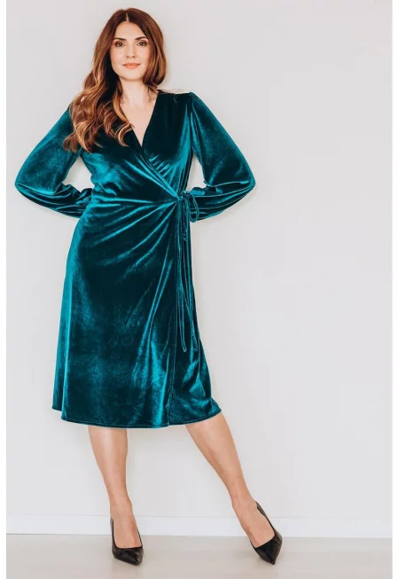 Кадифена рокля с шпиц - Петролно синьо