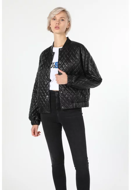 Капитонирано яке от еко кожа - Черен