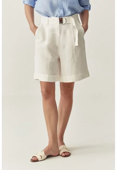 Къс ленен панталон с висока талия - Крем