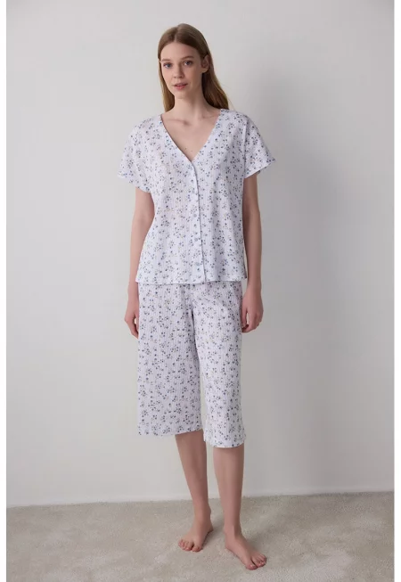Къса флорална пижама - Бял/Пастелносин