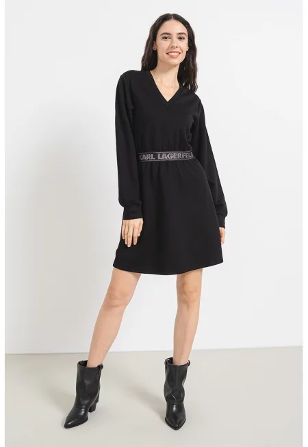 Къса разкроена рокля с лого - Черен