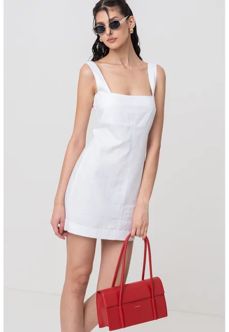Къса рокля с лен и памук - Бял