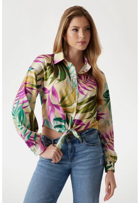 Къса сатинирана риза - Зелен/Фуксия/Сламеножълт