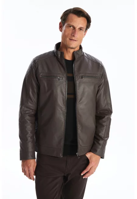 Класическо яке от еко кожа - Тъмнокафяв