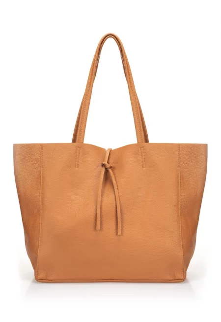 Кожена шопинг чанта с релеф - Карамел