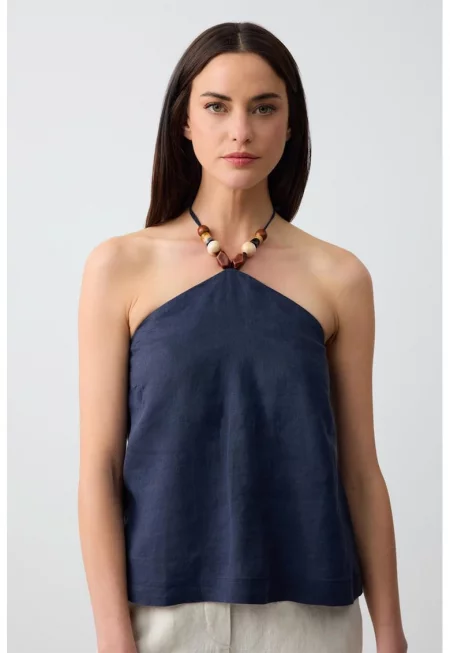 Ленен топ халтер - Тъмносин