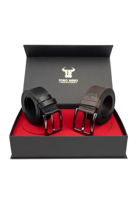 Мъжки комплект  естествена кожа casual+елегантен черно-кафяв колан Night-Industrial