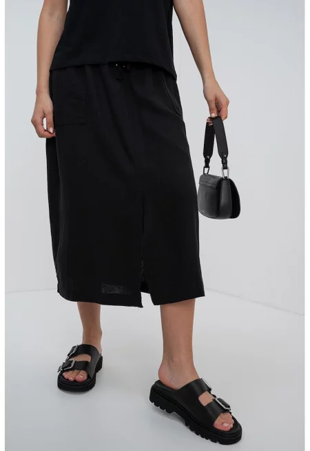 Миди пола с лен - Черен