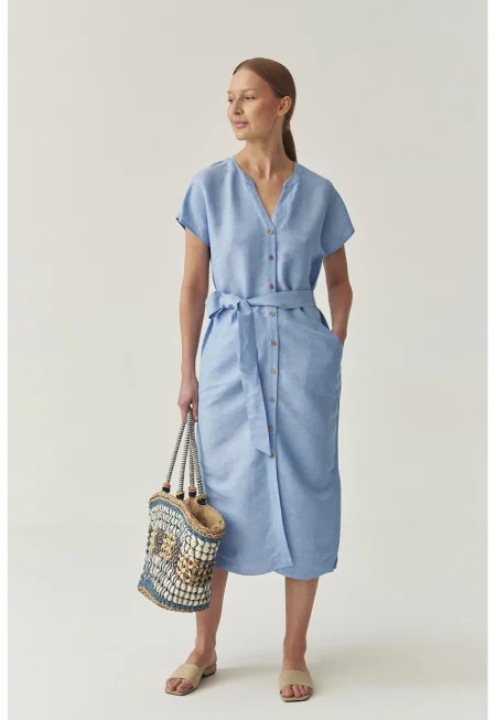 Миди рокля с лен с връзка на талията - Пастелносин
