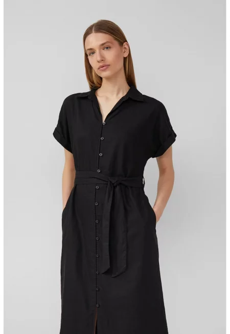 Миди рокля тип риза с лен - Черен