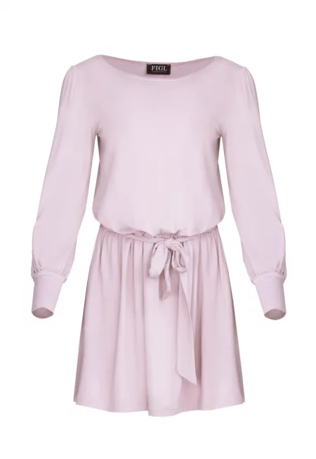 Мини рокля  M576 - дълги ръкави - вискоза - Розово