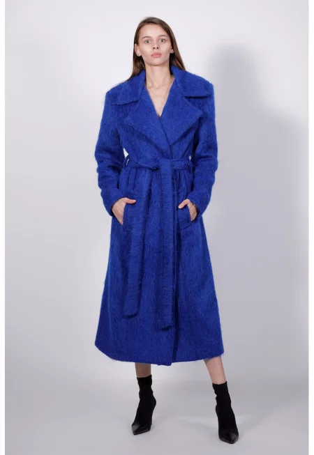 Палто с раздвоен ревер и връзка - Кралско Синьо