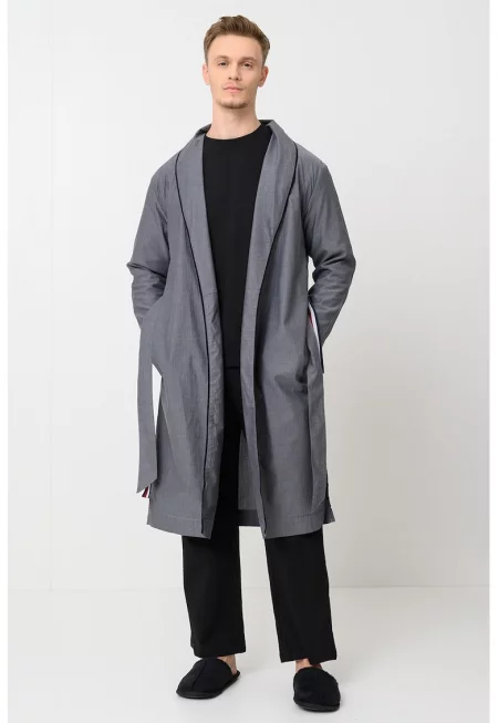 Памучен халат с връзка - Tъмносив