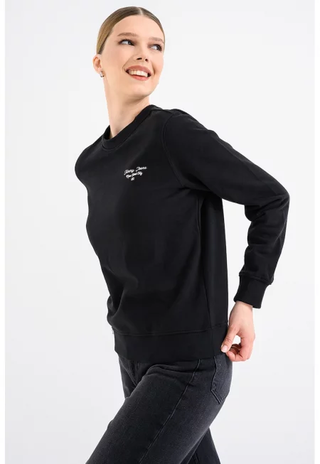 Памучен суитшърт с овално деколте - Черен