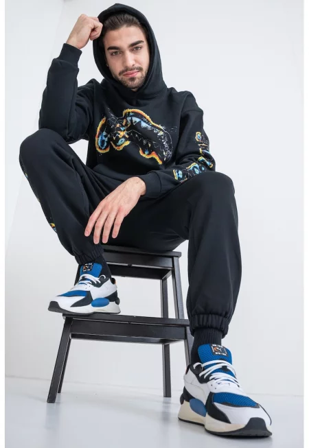 Памучно худи с контрастно лого - Черен/Жълт/Син