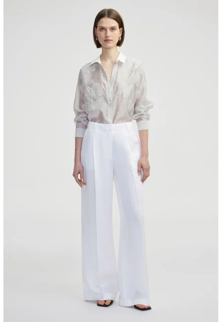 Панталон с лен със странични джобове - Бял