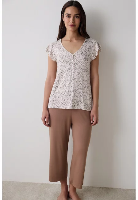 Пижама с принт - Бял/Кафяв