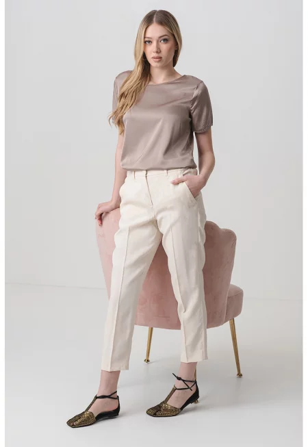 Плисиран панталон с лен - Крем